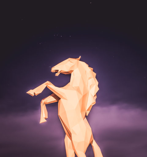 cheval nuit art sculpture blanc violet etoiles cabre